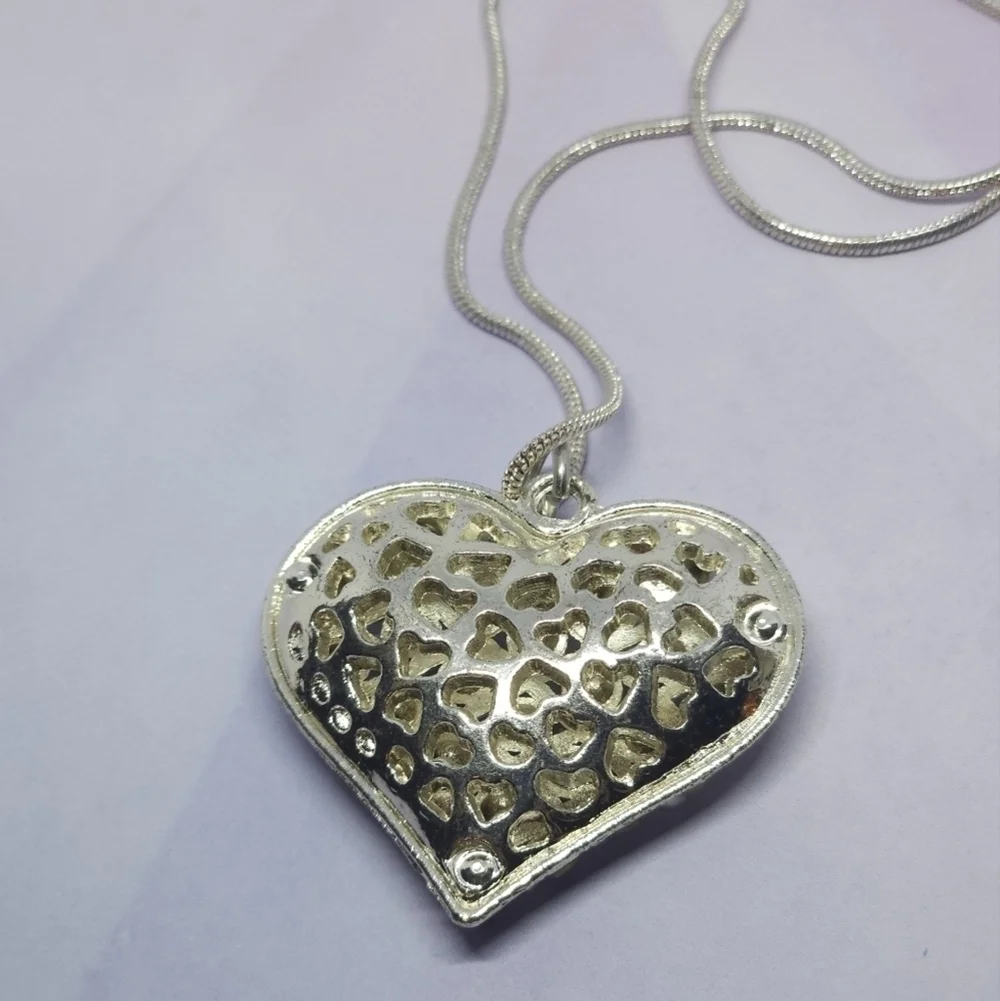 👍5 for $20 Heart Pendant Necklace Silver Tone Rhinestones Snake Chain